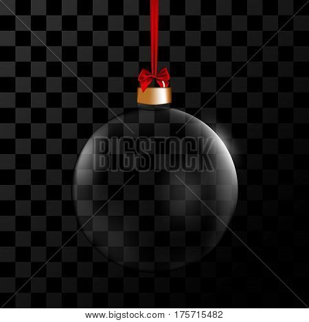 Template of glass transparent Christmas ball . Stocking element decorations. Transparent vector object for design mock-up. Shiny toy with glow. Isolated object. Vector