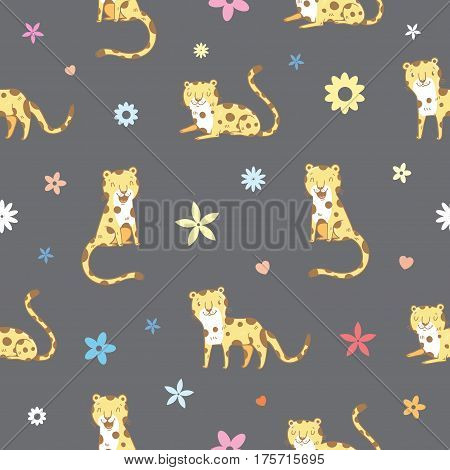 Seamless  pattern with cute cartoon leopards on  gray  background. Funny african animals and flowers. Wild cats. Children's illustration. Vector image.