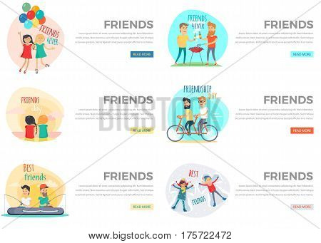 Best friends day forever in round shapes collection on white. Girls with colourful balloons, plaid hair and boys fishing in boat, having picnic, riding bike, lying in snow pictures with text near