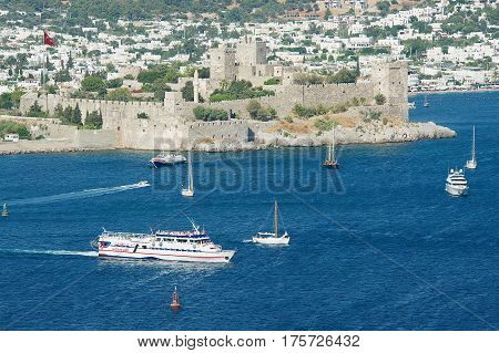 BODRUM, TURKEY - AUGUST 15, 2009: View to the Halicarnassus castle and yachts in Bodrum, Turkey.