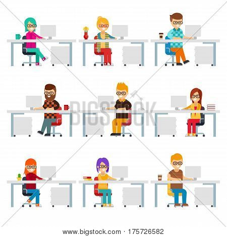 Hardworking creative people work in the office with computers vector flat design. Funny office workers are in workplaces. Men and women are in colorful clothes at work isolated on white background