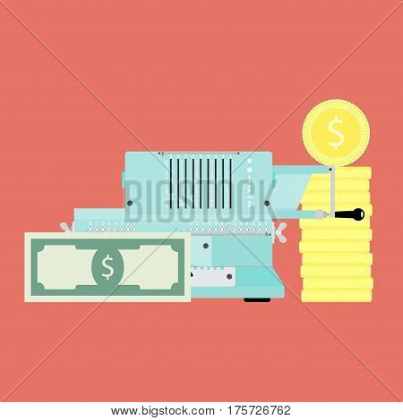 Financial accounting vector concept. Adding machine and golden coin with banknote money illustration