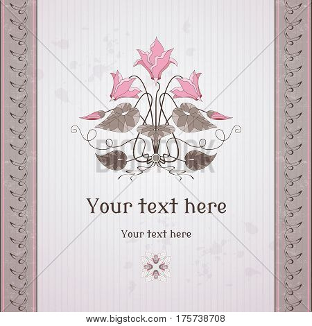 Vector Card. Vintage Pattern And Border In Modern Style. Decorative Element Of Cyclamen Plants. Old