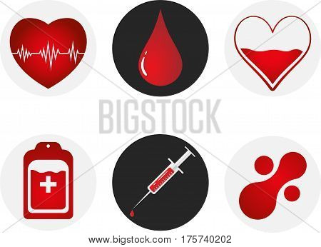 Blood Donation Icon Set. Heart, Blood, Drop, Counter, Syringe And Mataball Molecule. Vector Illustra