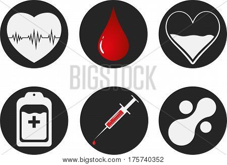 Blood Donation Icon Set. Heart, Blood, Drop, Counter, Syringe And Mataball Molecule. Vector Illustra