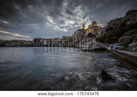 Town beach in Ermoupoli on Syros island in Greece.