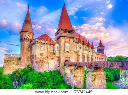 Beautiful Hunyad Corvin medieval castle in the sunset light Hunedoara townTransylvania landamark RomaniaEurope