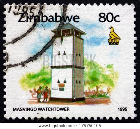 ZIMBABWE - CIRCA 1995: a stamp printed in Zimbabwe shows Masvingo watchtower circa 1995