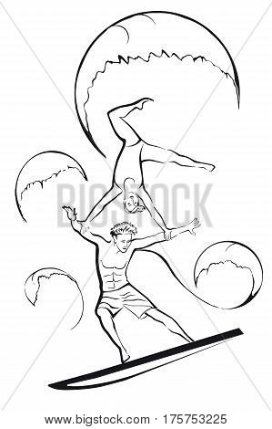 Silhouette of a surfers. Acrobatic surf duo. Tandem surf duo. Black silhouettes on a white background.
