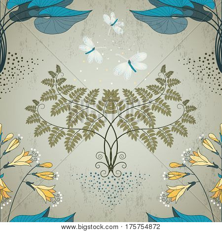 Seamless Vector Background. Floral Pattern In Modern Style. Fern, Hosta And Lacewing On Vintage Plas