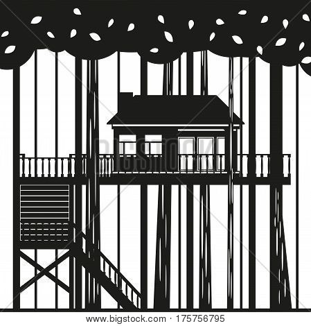 A house on a tree. Vector illustration. Black and white view.