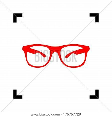 Sunglasses sign illustration. Vector. Red icon inside black focus corners on white background. Isolated.