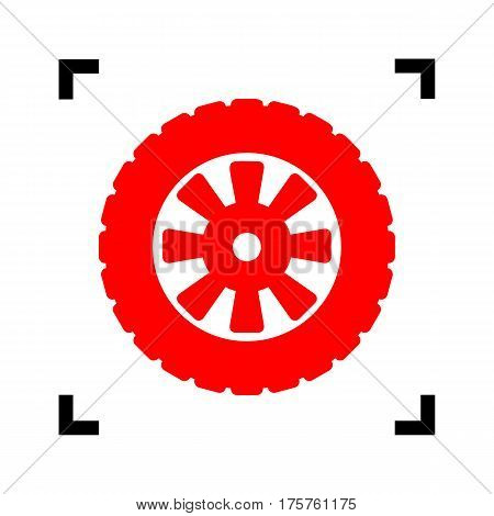 Road tire sign. Vector. Red icon inside black focus corners on white background. Isolated.