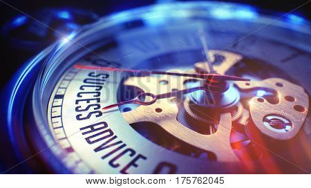 Business Concept: Success Advice Wording. on Pocket Watch Face with Close View of Watch Mechanism. Time Concept with Selective Focus and Vintage Effect. 3D Render.