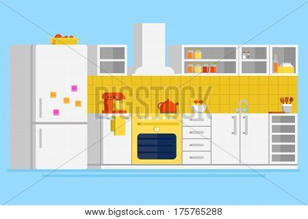 Convenient modern kitchen flat vector design illustration with fridge, freezer, stove, cooker hood, pot, mixer, drawers, cupboard, glasses and other kitchen elements.