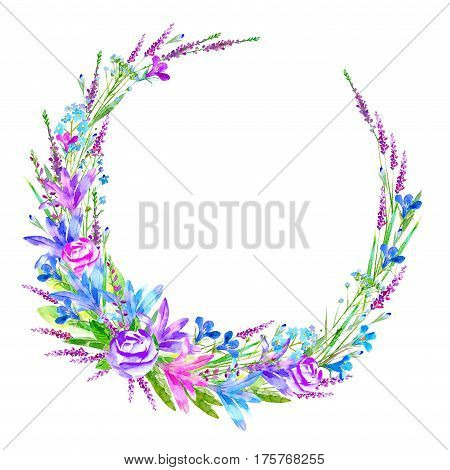 Floral wreath of a rose, bluebell, herbs, lobelia, forget-me-not flower. Garland of a meadow herbs.Watercolor hand drawn illustration.