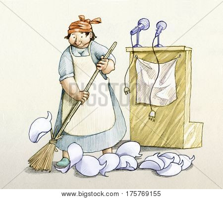 the day after a speech a woman cleaning sweeps away the empty bubbles of politicians
