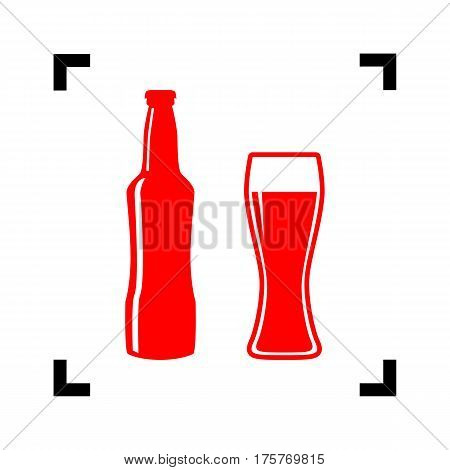 Beer bottle sign. Vector. Red icon inside black focus corners on white background. Isolated.