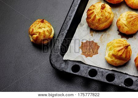 Baked Profiteroles On Tray Ready For Croquembouche. Top View. Copy Space.selective Focus