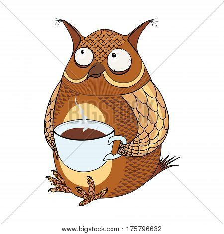 An owl is drinking a hot drink on a white background. vector illustration