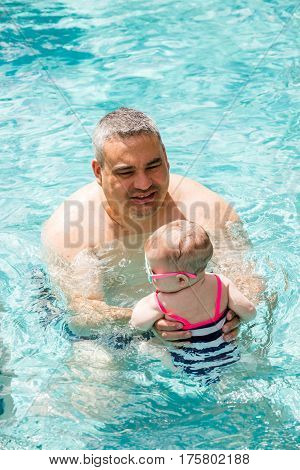 Family with cute baby girl faving fun in outdoor swimming pool on hot summer day.