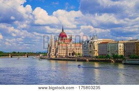 Beautiful view of the Parliament on the Danube in Budapest Hungary.