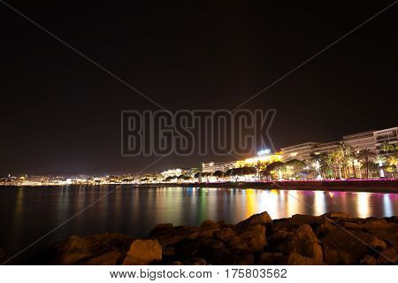 Cannes Beach Night View, France