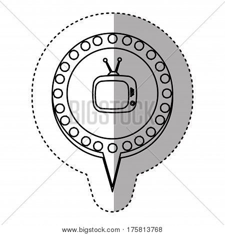 monochrome sticker with tv in circular speech with blue contour with dotted and tail vector illustration