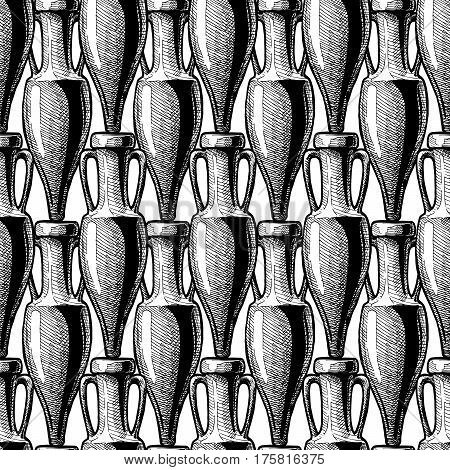 vector black-and-white seamless pattern with ancient amphora. illustration background in ink hand drawn style