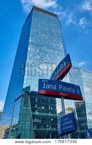 Warsaw, Poland - March 05, 2017: Q22 is a neomodern office skyscraper in Warsaw by the Polish real estate developer Echo Investment and designed by APA Kurylowicz Associates with collaboration from Buro Happold Polska. The building is 195 metres high and 