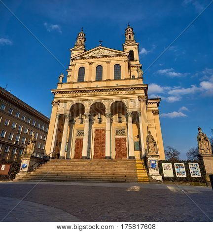 Warsaw, Poland - March 05, 2017: Parish of Saint Andrew the Apostle on Mirow - Roman Catholic parish in Warsaw the downtown deanery. Supported by archdiocesan priests. The parish was erected in 1774. The church built in the nineteenth century.