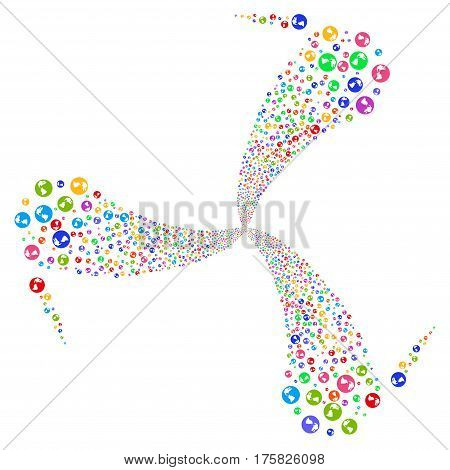 Earth fireworks swirl rotation. Vector illustration style is flat bright multicolored iconic symbols on a white background. Object spiral organized from random design elements.