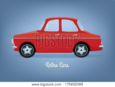 Vector illustration of a red cartoon retro car. Side view. Horizontal format. Gray background.