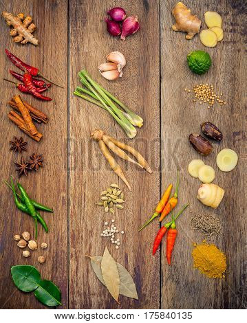 Various Of Indian Spices And Herbs. Cooking Ingredients And Red Curry Paste . Ingredients Of Thai Po
