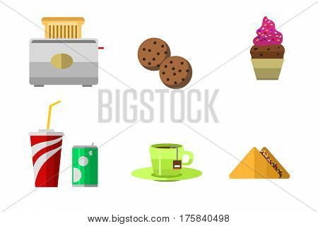 Vector icons sweet fast food elements. Restaurant breakfast menu isolated symbols. Cake design kitchen beverage dinner and dessert different meal.