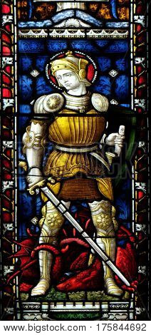 ROME, ITALY - SEPTEMBER 02: Saint George on the stained glass of All Saints' Anglican Church, Rome, Italy on September 02, 2016.