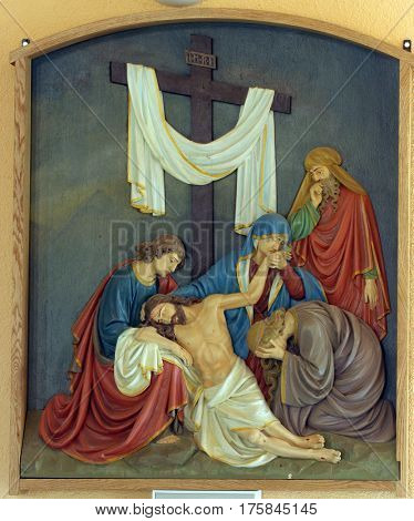 BUDASEVO, CROATIA - NOVEMBER 05: 13th Stations of the Cross, Jesus' body is removed from the cross, Church of the Blessed Aloysius Stepinac in Budasevo, Croatia on November 05, 2007