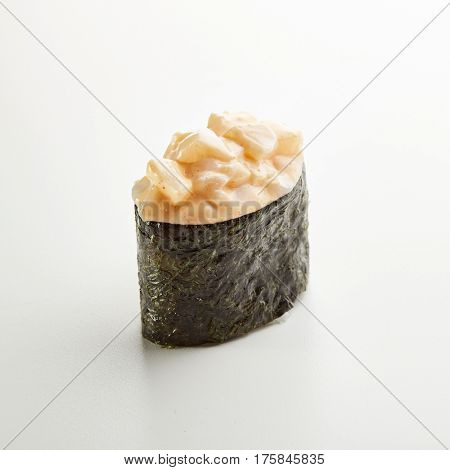 Japanese Sushi - Ika Gunkan Sushi (Nori wrapped Scallop Sushi) on White Background