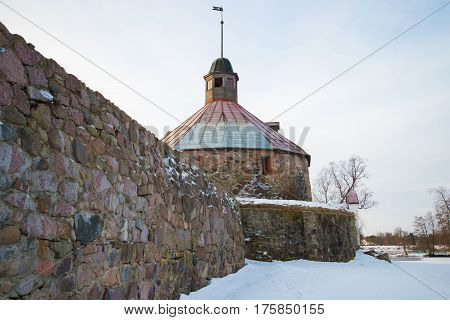 Round tower of Lars Torstennson close up in the cloudy February morning. Korela Fortress. Priozersk. Russia