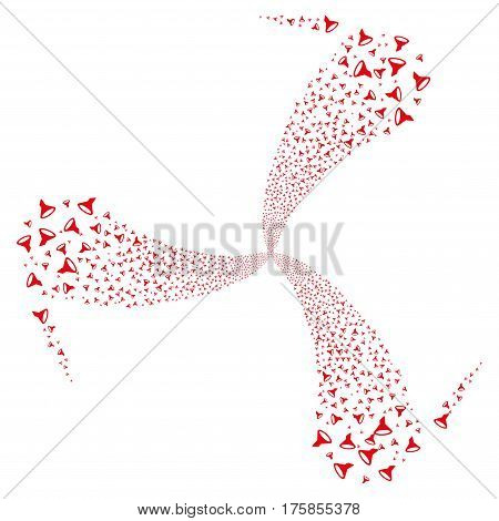 Filter fireworks swirl rotation. Vector illustration style is flat red iconic symbols on a white background. Object spiral constructed from random symbols.