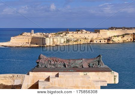 view fort Rinella and war memorial,Valetta,island Malta