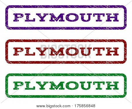 Plymouth watermark stamp. Text tag inside rounded rectangle with grunge design style. Vector variants are indigo blue, red, green ink colors. Rubber seal stamp with dirty texture.