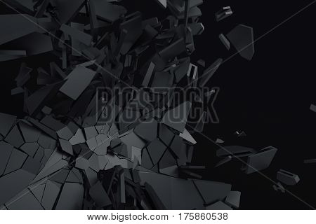 Abstract 3d rendering of cracked surface. Background with broken shape. Wall destruction. Bursting with debris. Modern cgi illustration. Design for poster, banner, placard, cover, print.