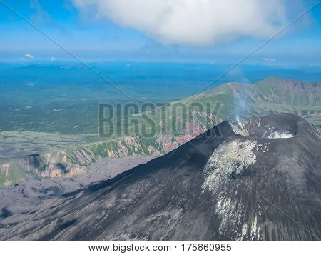 Aerial view to Karymsky volcano in Kamchatka peninsula, Russia