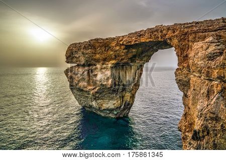 Sea view to Azure window natural arch, now vanished, Gozo island Malta