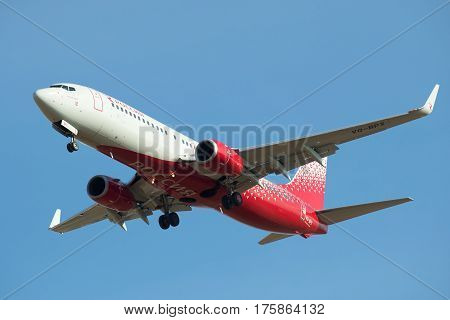 SAINT PETERSBURG, RUSSIA - MARCH 09, 2017: Flying the Boeing 737-800 