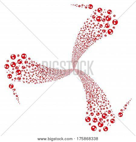 Earth fireworks swirl rotation. Vector illustration style is flat red iconic symbols on a white background. Object spiral made from random pictographs.