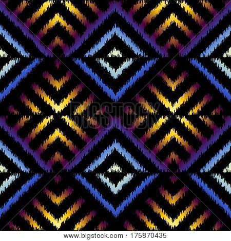 Seamless black geometric pattern, based on ikat fabric style.