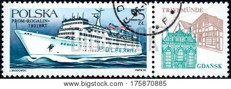 UKRAINE - CIRCA 2017: A stamp printed in POLAND shows Ferryboats Rogalin circa 1986