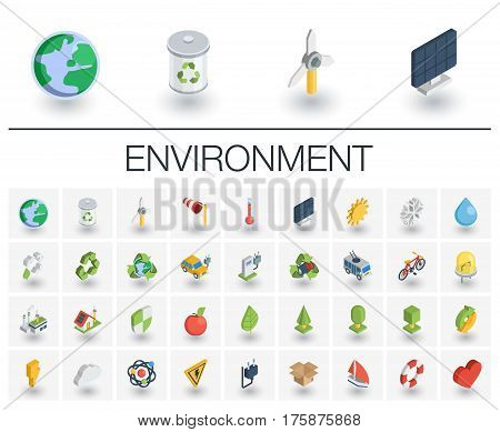 Isometric flat icon set. 3d vector colorful illustration with ecology symbols. Eco, bio, environmental, wind power, recycle colorful pictogram Isolated on white